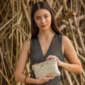Myra Bag Golden Snow Cowhide Pouch Upcycled Cowhide & Leather S-2826